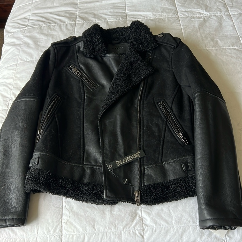 Black leather like bomber jacket called natural disaster jacket XS.Unique &  NWT